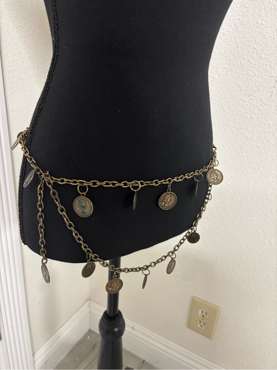 Vintage-Inspired Brass Coin Charm Chain Belt - Gold Tone main image 5